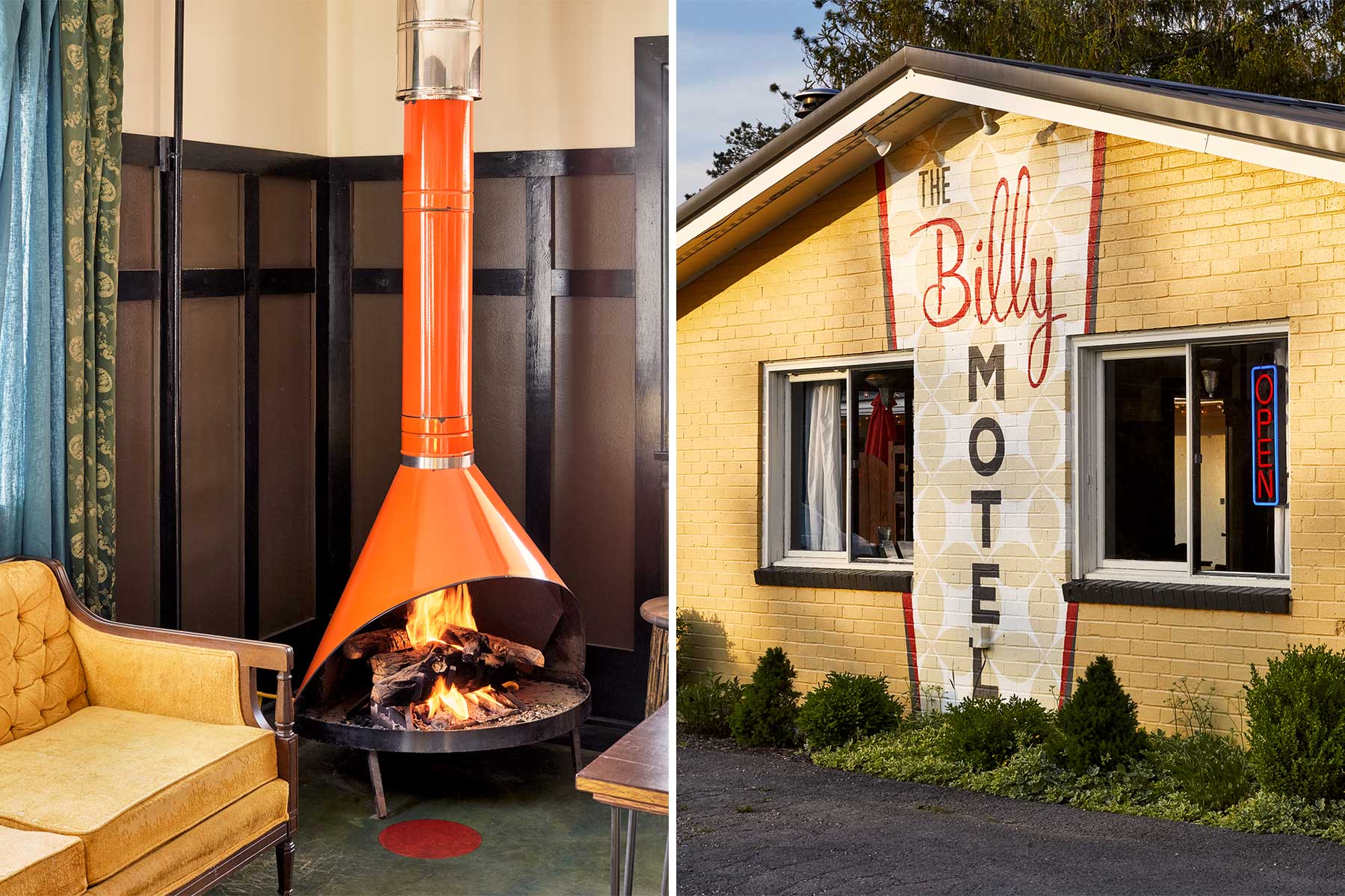 Two photos show the retro decor of The Billy Motel, in West Virginia