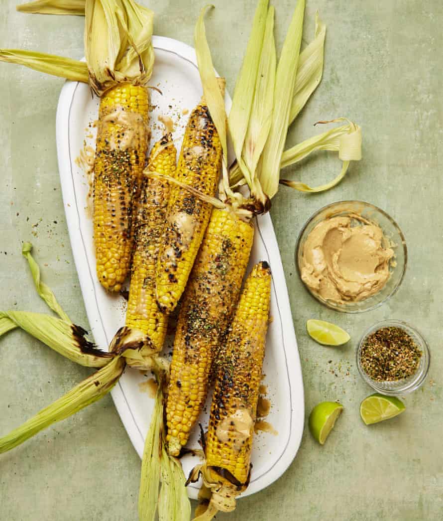 Yotam Ottolenghi’s grilled corn with tahini and soy butter and gomashio.